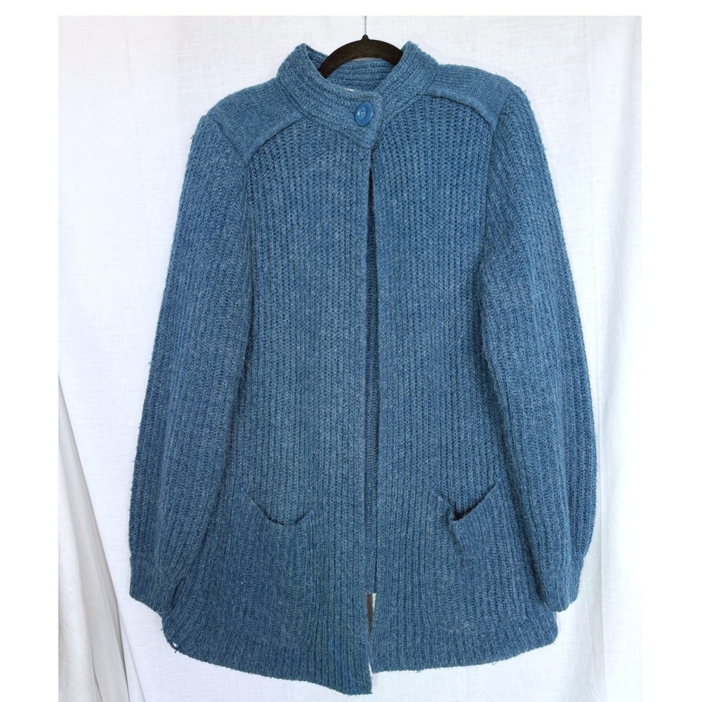 Vintage Loubella 70s 80s Longline Cardigan Sweater Blue Ribbed Wool Blend Large